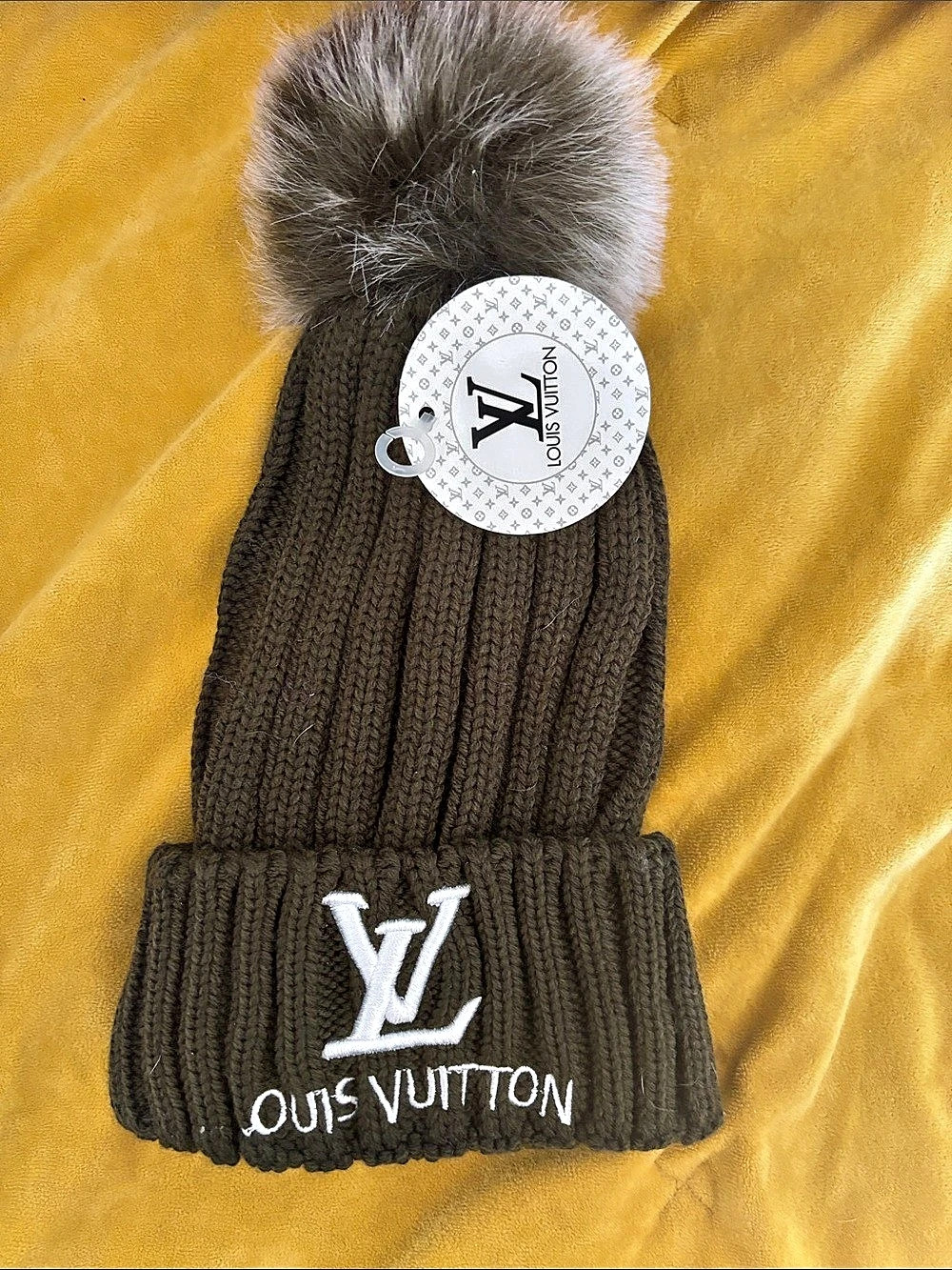 Louis Vuitton Monogram Pom Knit Hat in olive green NWT